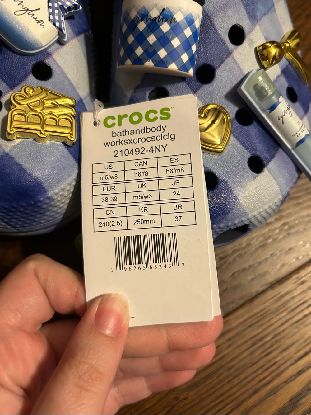 CROCS Women’s Blue Plaid Clogs with Charms - Picture 5 of 5